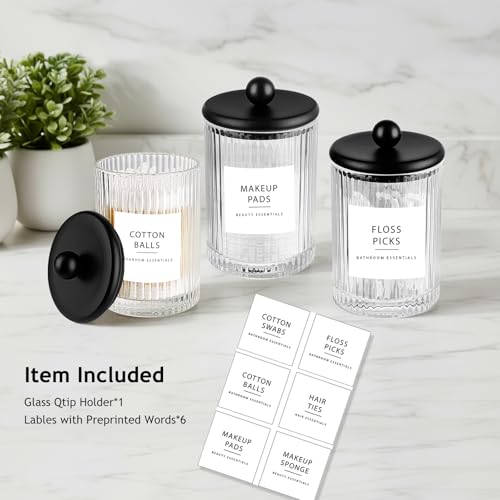 SheeChung 8.5oz Ribbed Glass Qtip Holder with Black Lid - Bathroom Jar