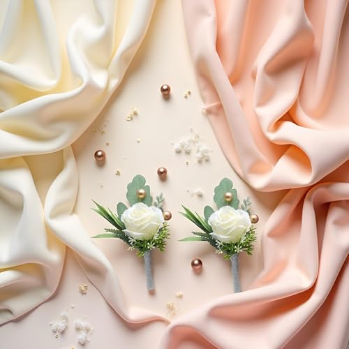 White Rose Boutonniere Set of 2 Artificial Flowers with Pins for Wedding