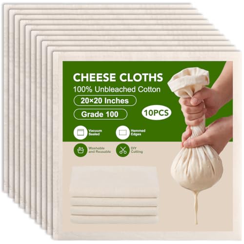 Reusable Cheesecloth - 10 Pack, 20x20 Inch Unbleached Cotton Strainer for Nut Milk, Yogurt & Broth