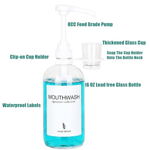 16 Oz Glass Mouthwash Dispenser with Cup Holder for Bathroom
