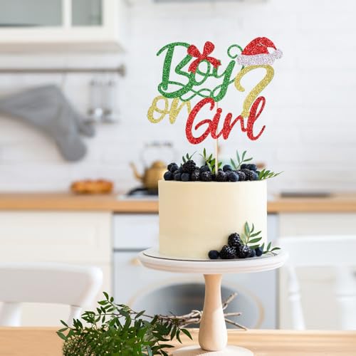 Christmas Boy or Girl Gender Reveal Cake Toppers with Glitter Santa Hat