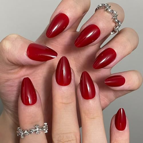 elarossa Short Red Almond Press on Nails, French Tip Fake Nails with Glue