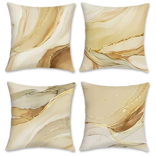 Bonhause 18x18 Inch Set of 4 Brown & Gold Marble Texture Throw Pillow Covers - Yellow Brown Variation