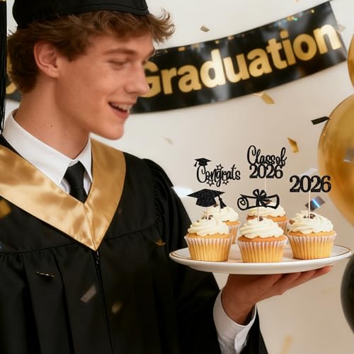 2026 Graduation Cupcake Toppers - 30 PCS Glitter Picks