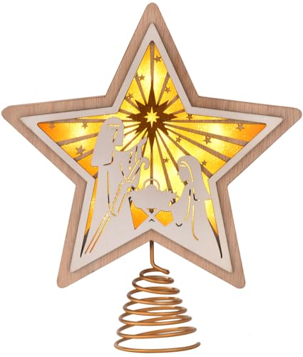Christmas Star Tree Topper White Wooden 3D Glittered LED with Timer