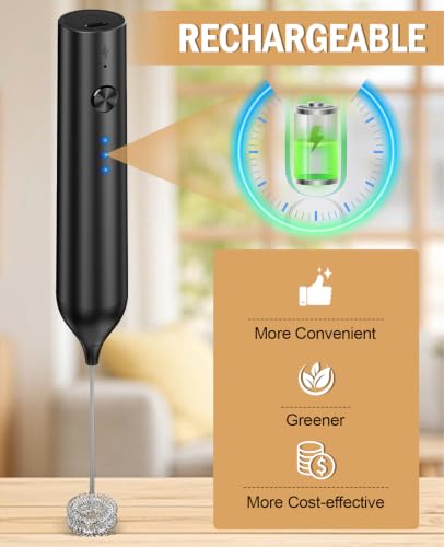 Rechargeable Handheld Milk Frother with 3 Speeds & 2 Heads