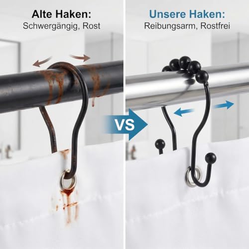 Durable Black Shower Curtain Hooks - 12 Rustproof Rings with Smooth Glide Design