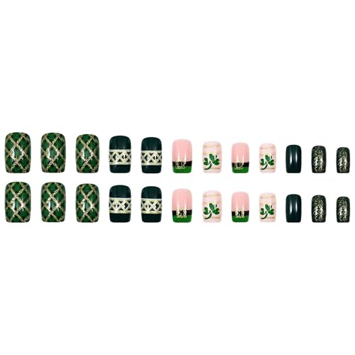 Green Press on Nails Medium Square Fake Nails with Gold Glitter 24pcs