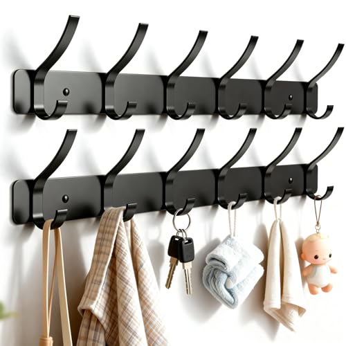 Heavy Duty Wall Mounted Coat Rack - 2-Pack with 12 Hooks, Black