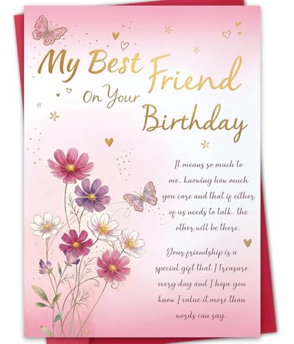 Best Friend Birthday Card with Floral Butterfly Design and Luxury Envelope