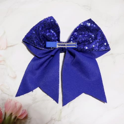 JOYRUBY 7 Inch Large Sequin Deep Blue Hair Bow Clip Cheer Bow