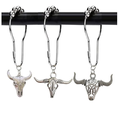 Western Cow Shower Curtain Hooks - 12 Metal Bull Skull Hooks