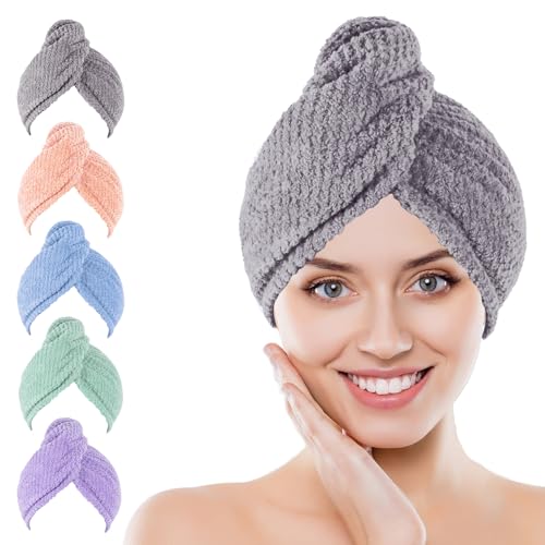 Microfiber Hair Drying Towel Wrap - 5 Pack, 10x26 Inch Absorbent Turban