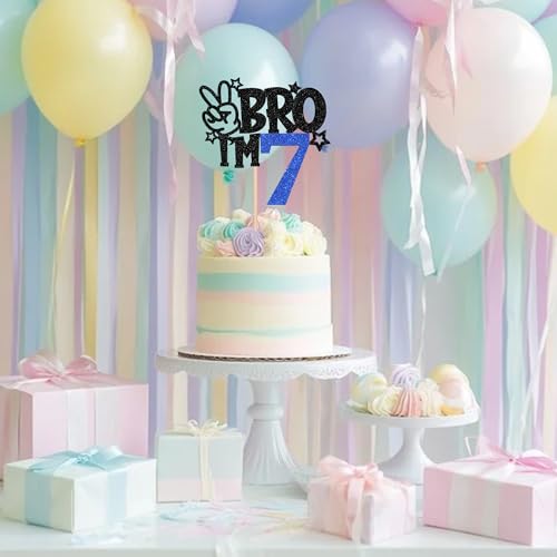 Brother I'm 7 Cake Topper - Blue Glitter Star Birthday Decoration