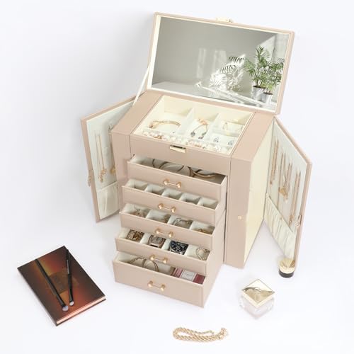 Apricot Jewelry Organizer Box with 6 Layers & Mirror - Large Storage Case for Women