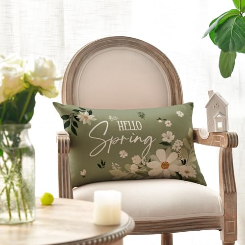 Hello Spring White Daisy Throw Pillow Cover - 12x20 Inch Eucalyptus Design