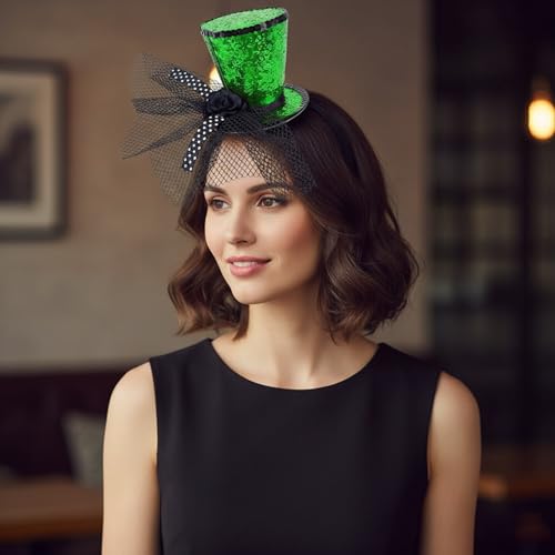 St. Patrick’s Day Green Sequin Mini Top Hat Headband with Tulle & Rose