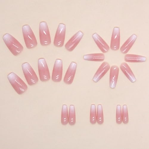 Pink White Ombre Coffin Press on Nails with Glitter - 30 Pcs