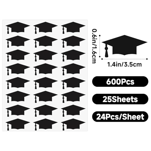 2026 Graduation Cap Stickers - 600 Self-Adhesive Black Stickers