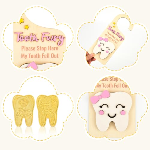 Tooth Fairy Door Hanger Kit for Kids - Wooden Sign & Coins Set