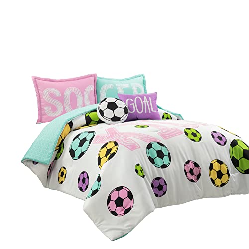 Lush Decor Girls Soccer Kick Reversible Comforter Queen Size 5 Piece Set Full/Queen White & Turquoise - Kids Bedding Set Queen Comforter - Soccer Bedding
