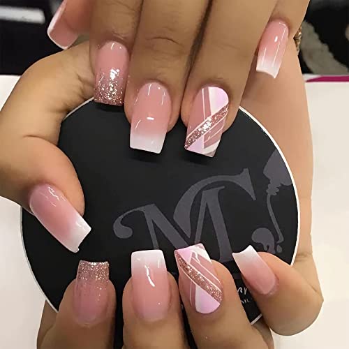 Medium Square Gradient French Press on Nails Glossy False Nails 24PCS
