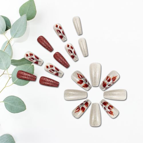 Fall Maple Leaf Press on Nails Medium Coffin Fake Nails with Glitter