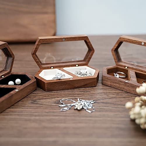 Engraved Wooden Double Ring Box - Walnut Jewelry Holder for 2 Rings