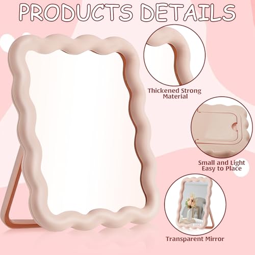 Wave-Shaped Pink Desk Mirror, Portable Folding Makeup Mirror 6.7x5.3 Inch