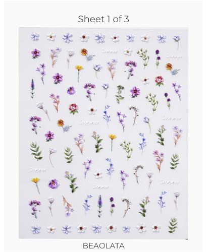 Beaolata 5D Embossed Flower Nail Stickers - Iridescent Floral Decals 3 Sheets