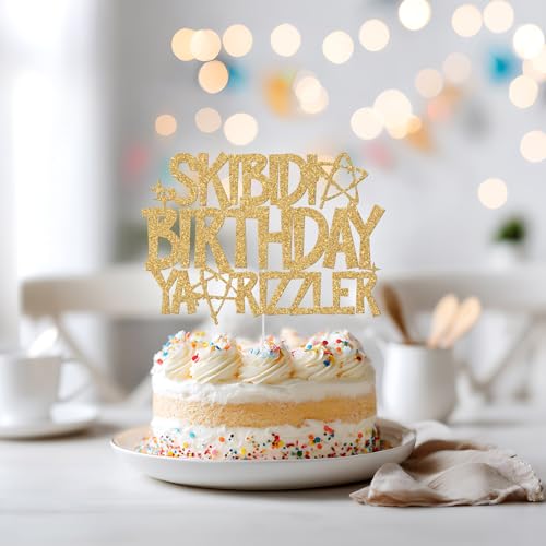 Skibidi Birthday Ya Rizzler Cake Topper Gold Glitter Party Decoration