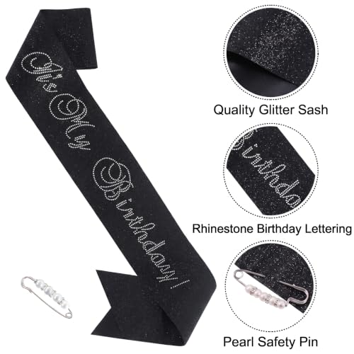 It's My Birthday Black Glitter Sash with Pearl Pin for Women