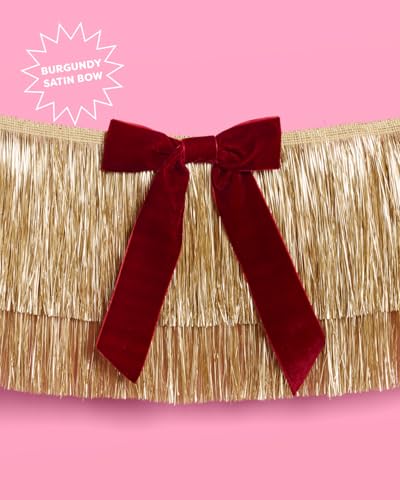Gold Fringe Banner with Burgundy Velvet Bows - 6 Ft Party Decor