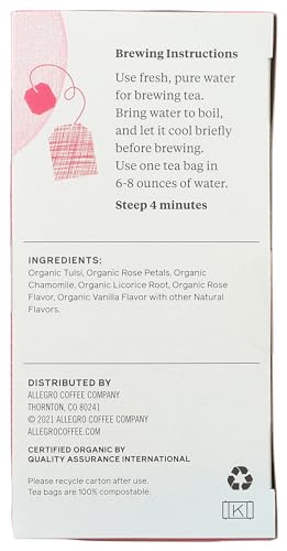 Allegro Organic Rose Tulsi Herbal Tea Bags, Naturally Caffeine-Free, 20 ct