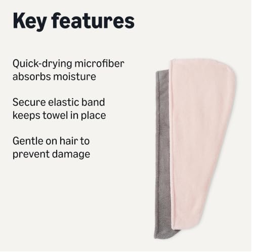 Amazon Basics Microfiber Hair Towel Wrap - Quick Dry, 2-Pack (Grey/Pink)