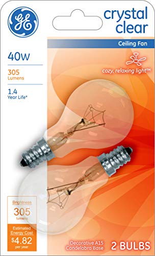 GE A15 Ceiling Fan Light Bulb, 40-Watt Incandescent, Crystal Clear, 2-Pack