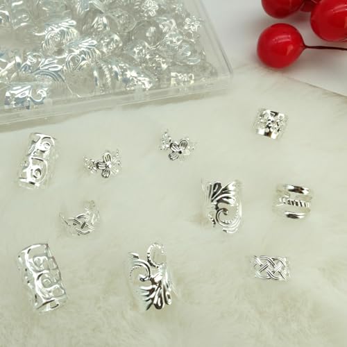 60Pcs Hair Jewelry Braid Cuffs Silver Dreadlock Charms Adjustable Rings