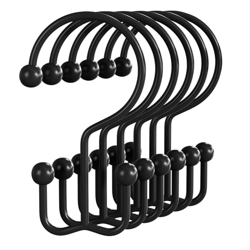 Matte Black Shower Curtain Hooks - 12 Pcs Double Hook Rings for Bathroom