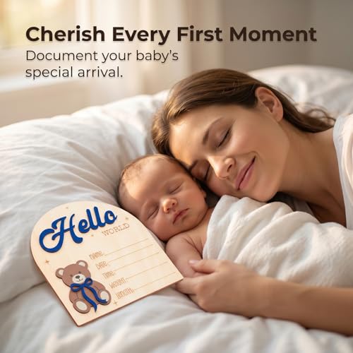 Wooden Hello World Baby Announcement Sign with Bear - Newborn Photo Prop