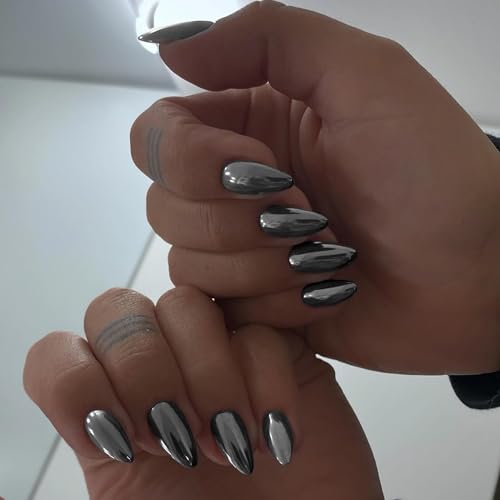 SXVME Black Chrome Medium Almond Press On Nails Metallic Glue On