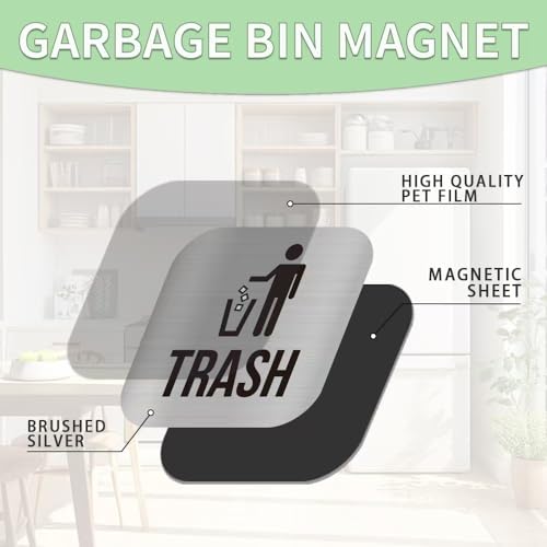 2 Pack Square Magnetic Recycle and Trash Bin Stickers, Brushed Silver