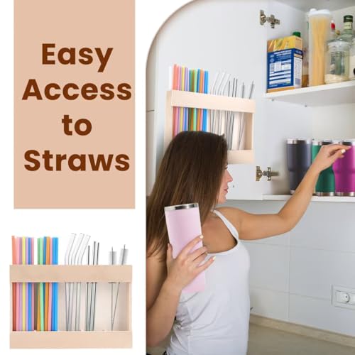 Wooden Straw Dispenser Organizer - Space-Saving Kitchen Holder with Adhesive Mount