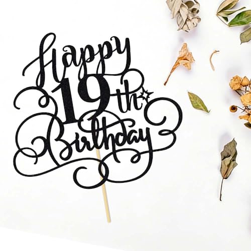 Black Glitter 19th Birthday Cake Topper - Cheers to 19 Years Party Decor