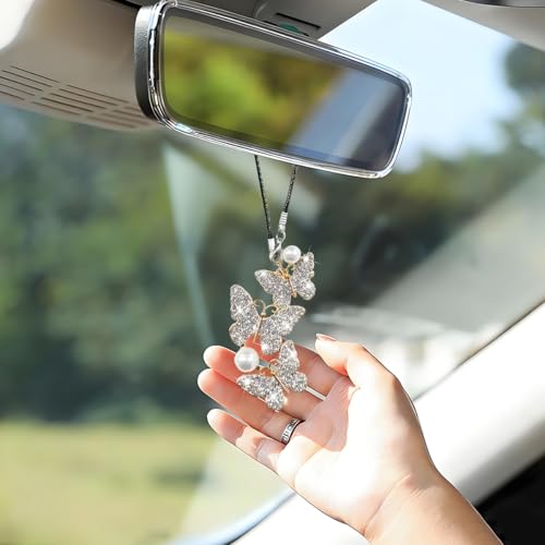 Bittwee Butterfly Crystal Car Rearview Mirror Ornament - White