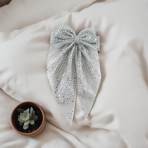 ZEYER Glitter Bow Claw Clip Silvery Hair Accessory for Women and Girls