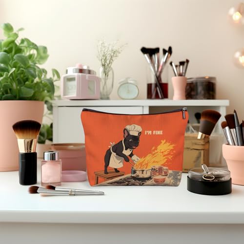 French Bulldog Linen Makeup Bag - Funny Cooking Frenchie Travel Pouch