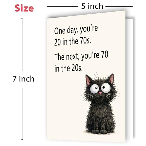 Funny 70th Birthday Card - Whimsical Black Cat Design, 5x7 Inch Greeting