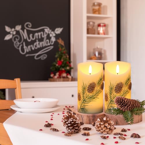 Flameless Candles with Pine Cones & Trees, 6H Timer, Safe Battery Operated Decor