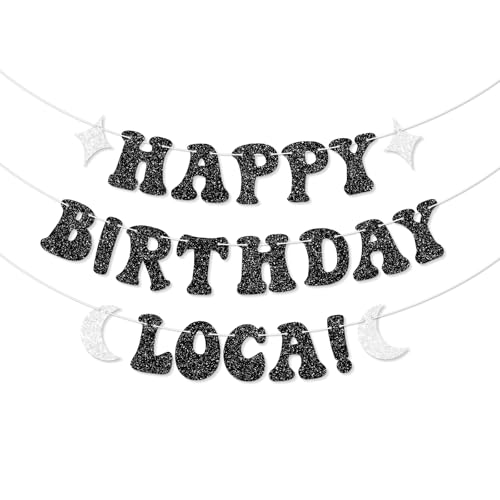 Happy Birthday Loca Banner - Black Glitter Vampire Party Decorations