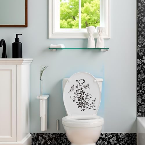 Elegant Black Butterfly Floral Toilet Seat Lid Decal - Removable PVC Sticker